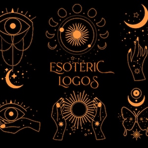 Clipart de logotipo místico de magia esotérica, logotipo preto do sol da lua celestial, logotipo de mãos de bruxaria mística, cobra animal, logotipo de borboleta png
