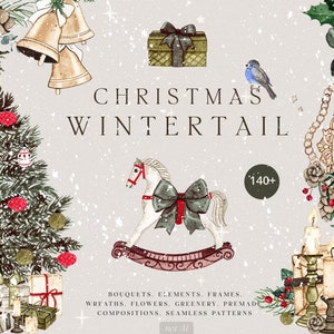 Clipart de Natal em aquarela, clipart de cena de árvore de Natal, clipart de vegetação de inverno, gráficos de Natal desenhados à mão, decoração de interiores de casa PNG