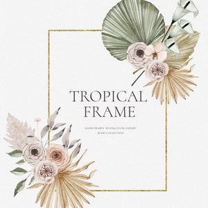 Acuarela dorada tropical boho marco clipart - Boda boho floral borde - acuarela boho hojas de palma seca geometría marco de oro PNG