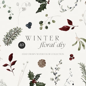 Aquarell Winter Blumen Clipart, Weihnachten floral grün Blätter Clipart, Winter Blumen, botanische Wildblumen Clipart Illustration PNG
