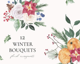Watercolor winter floral bouquets clipart - Christmas floral arrangements - Wedding winter frames - Watercolor illustrations - Digital PNG