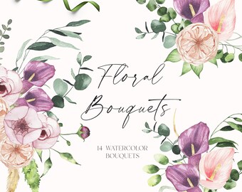 Watercolor floral bouquet with flowers roses calla lily greenery foliage clipart - Wedding floral frame - Bohemian floral boho frame PNG