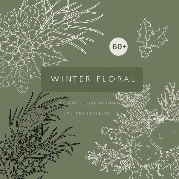 Winter botanical floral line art clipart, Christmas greenery flowers black white line art sketch, Winter line drawing, Pine twig, branches