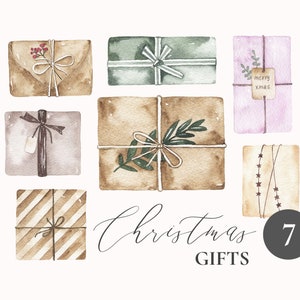 Clipart de boîte cadeau de Noel d'aquarelle - coffret de cadeau de noel de nouvel an avec des étiquettes, papier d'emballage - illustrations de cadeaux d'hiver - PNG numérique