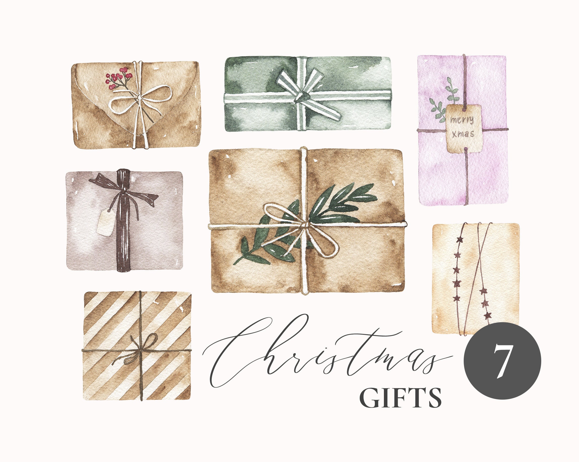 Watercolor Handpainted Set Of Gift Boxes And Presents In Craft