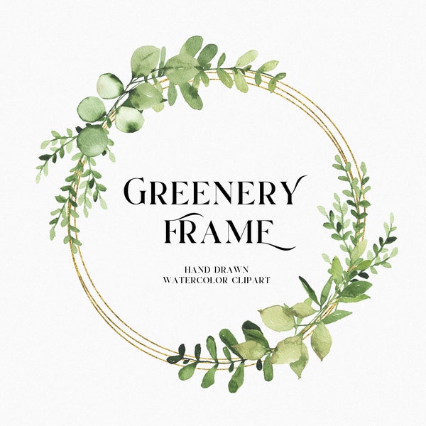 Watercolor golden greenery frame, Spring green foliage leaves gold round wreath clipart, Wedding invitation floral greenery frame PNG