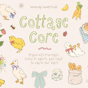 Clipart caprichoso desenhado à mão Cottagecore - Clipart caprichoso de coquete Farmcore - Animal de fazenda countrycore de verão, moldura, padrão sem emenda PNG