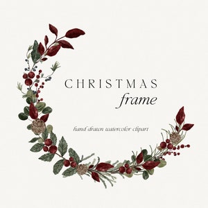 Delicato Natale inverno ghirlanda clipart, acquerello floreale verde ghirlanda clipart, Berry fiore invernale verde botanica elegante cornice rotonda