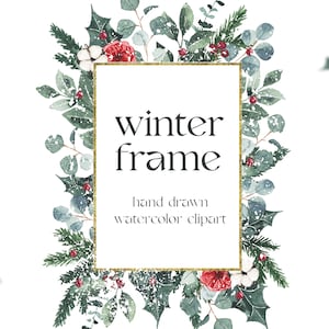 Clipart de marco floral de invierno de acuarela, clipart de marco de Navidad, clipart de bordes, marco de oro, clipart de vegetación de invierno, marco de hoja floral