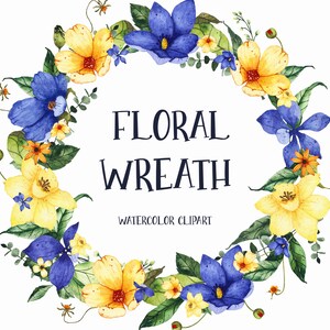 Blauw gele wilde bloemenkrans clipart, Aquarel bloemen wilde bloem frame, Botanische bloemen rand, Huwelijksuitnodiging wilde bloem frame PNG