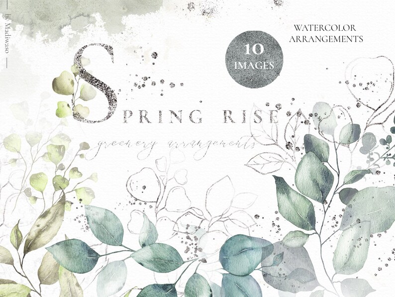Digital downloads PNG Floral gold silver leaves botanical art greenery wedding bouquets clipart Watercolor green leaves arrangements