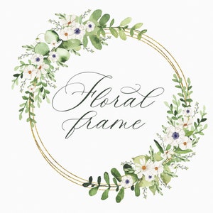 Aquarell Weiß Blumen Grün Rahmen, Frühling weiß floral grün Laub, Gold runder Kranz Clipart, Hochzeit Einladung Design Digital PNG