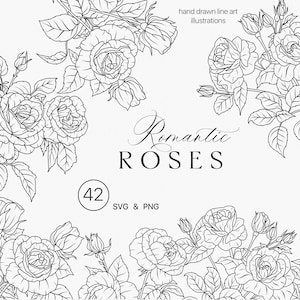Imágenes prediseñadas de arte de línea de flor de rosa SVG - Bocetos simples florales botánicos - Arte de línea fina floral de rosas - Ramo de flores de rosa dibujado a mano PNG
