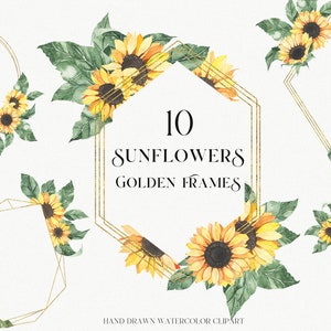 Cadre doré de tournesol d’aquarelle - Cadre de mariage pour le carton jaune de tournesols de couronne d’or clipart - Bordure florale de tournesol PNG