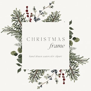 Winter delicate aquarel frame clipart, kerstvakantie border krans clipart, Winter bloemen groene bladeren botanische krans clipart PNG