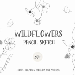 Arte de linha floral, clipart de belas artes botânicas, linha preta deixa flores, flores de arte de linha de lápis, desenho de esboço floral, arte de linha de flores silvestres