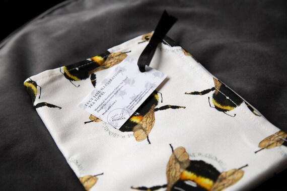 Bumblebee Tea Towel in White or Mustard