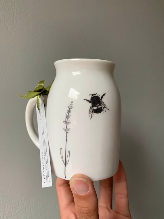 Bumble Bee and Lavender illustrated ceramic jug / bud vase