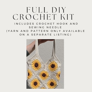 May include: A crochet kit for making a sunflower tote bag. The kit includes a crochet hook and sewing needle. The yarn and pattern are sold separately.
