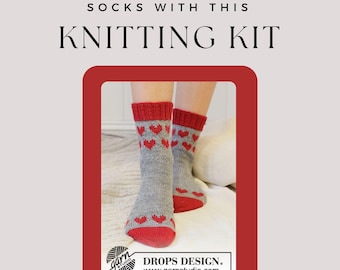 Knitted sock kit - make your own lovely heart socks with this diy knit kit using Drops Fabel wool