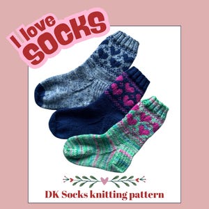 May include: Three pairs of knitted socks with a heart pattern. The socks are in shades of blue, green, and pink. The image includes the text "I love socks" and "DK Socks knitting pattern".