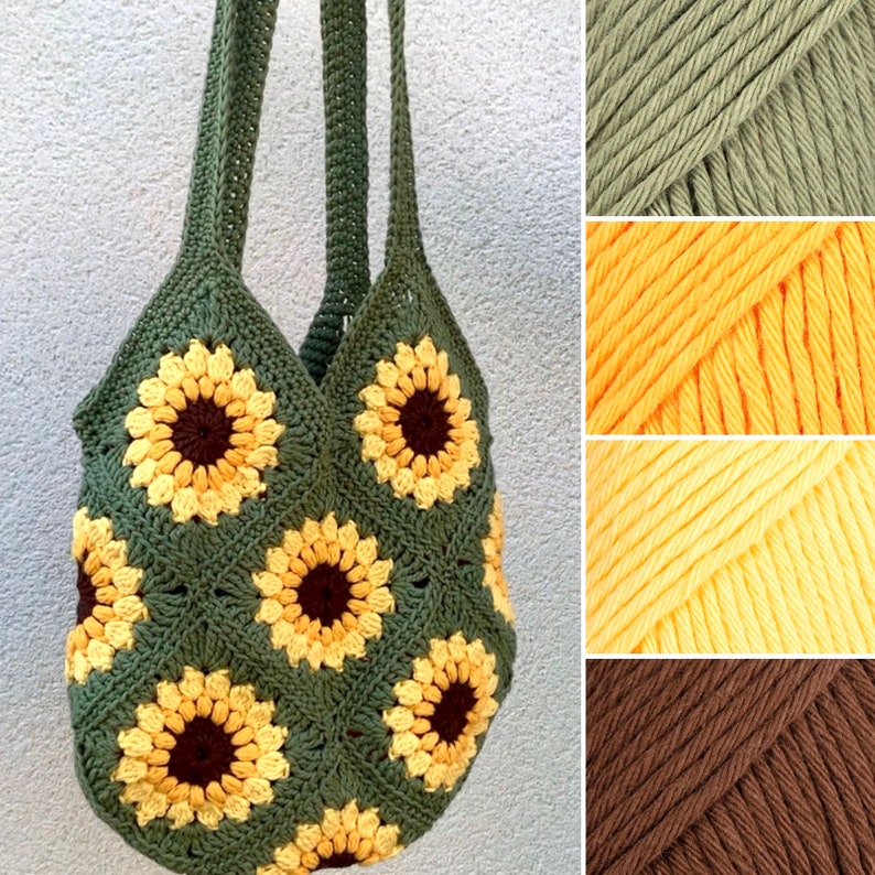 May include: A green crocheted tote bag with a sunflower pattern. The bag is made with three different colors of yarn: green, yellow, and brown.