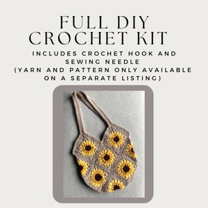 May include: A crochet kit for making a sunflower tote bag. The kit includes a crochet hook and sewing needle. The yarn and pattern are sold separately.