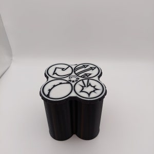 以下が含まれることがあります： 黒と白の3Dプリントされた箱で、4つの円形の側面があります。各側面には、曲がった矢印、上向きの矢印3本、線で交差した円、星形の爆発など、異なるシンボルが描かれています。