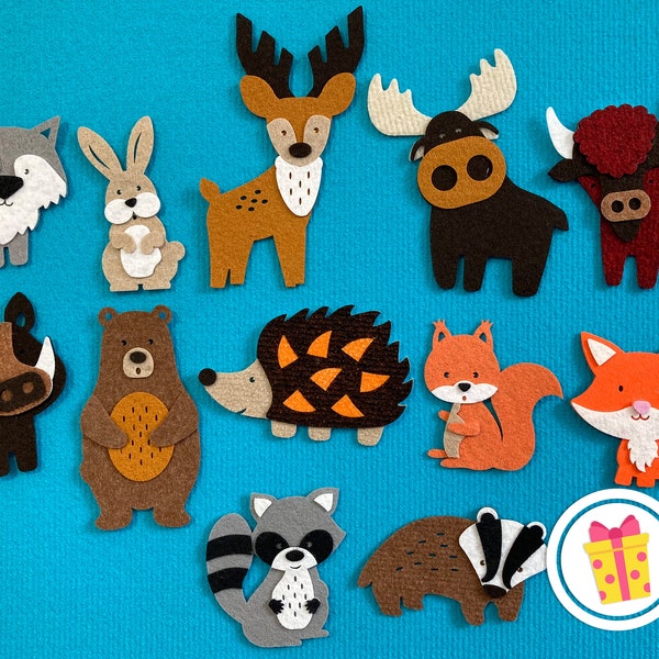 Forest Woodland Animals jouets Felt Board Stories avec VELCRO®/ blaireau, écureuil, loup, hérisson, raton laveur, lièvre, aurochs, porc, renard, wapiti, ours