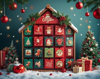 May include: A wooden advent calendar with 24 numbered doors, each with a different festive illustration. The calendar is decorated with a snowy roof and a red banner that reads "Merry Christmas".