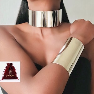 JEWELLERY SET silver small or large big choker necklace cuff and bangle bracelet manchette cuff round smooth surface