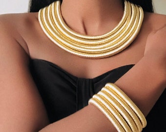 JEWELLERY SET Necklace and bracelet cuff multilayer rope gold or silver