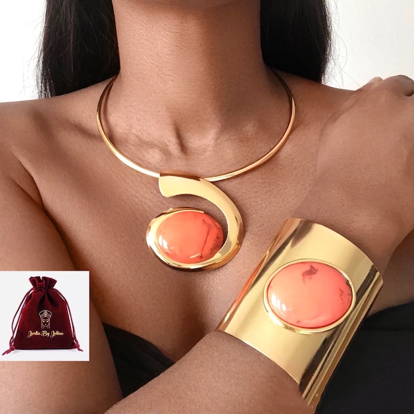 JEWELLERY SET gold colourful resin stone necklace and big large bracelet cuff - 4 colours