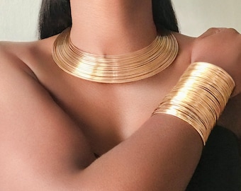 JEWELLERY SET Bamboo wire necklace and bangle bracelet cuff set - Gold
