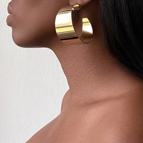 EARRINGS Large wide gold hoop drop earrings