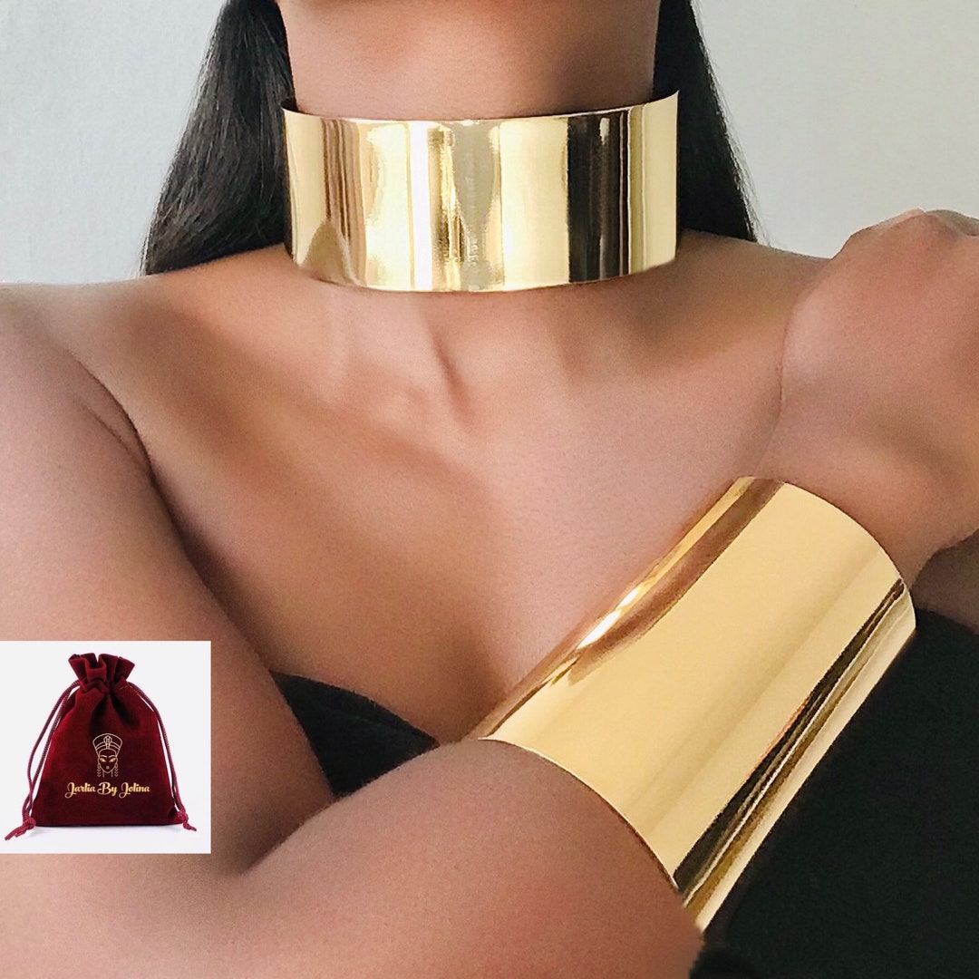 JEWELLERY SET Gold Small or Large Big Choker Necklace Cuff and Bangle Bracelet Manchette Cuff Round Smooth Surface Etsy Canada