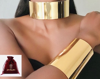JEWELLERY SET gold small or large big choker necklace cuff and bangle bracelet manchette cuff round smooth surface