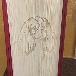 May include: A book with a red cover has been folded into a three-dimensional sculpture of a dog's head. The dog's head is made of white paper and is visible through the open pages of the book.