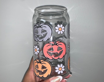 Halloween Pumpkin Flowers Glass Cup 16oz (455ml) Libbey Glass Can