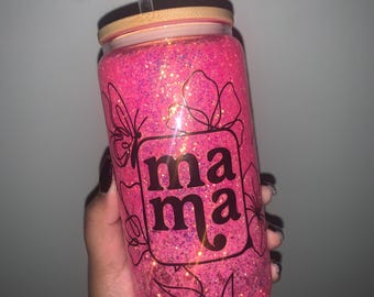 MAMA 16oz Glitter Snowglobe Glass Can with Bamboo Lid & Straw.