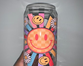 Retro Smiley Face, Sunshine Glass Cup 16oz (455ml) Libbey Glass Can