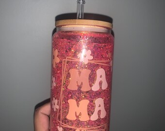 MAMA 16oz Glitter Snowglobe Glass Can with Bamboo Lid & Straw.(OOPSIE CUP - due to small imperfection on one of the flowers, we discounted