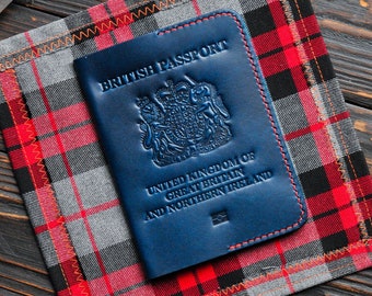 Étui en cuir bleu pour passeport britannique, passeport britannique, étui pour passeport britannique, cadeau pour voyageur