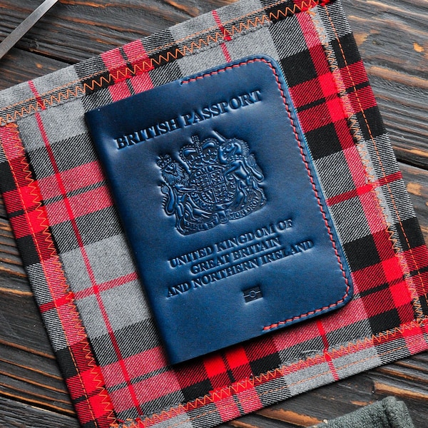 Blue Leather Holder for british passport, Great Britain passport, uk passport holder, gift for traveler