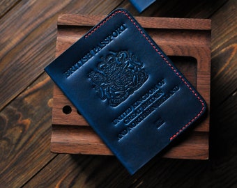 Blue Leather Holder for british passport, Great Britain passport, uk passport cover, passport case,  gift for traveler,