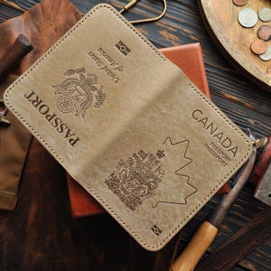 May include: A tan leather passport holder with "PASSPORT" and "United States of America" embossed on the front. The holder is open, revealing the interior. The background includes leather shoes, tools, and coins.