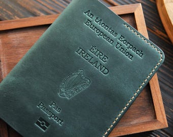 Funda de cuero para pasaporte irlandés, pasaporte irlandés, Irlanda, regalo para viajero, funda para pasaporte, funda para pasaporte personalizada, estuche para pasaporte