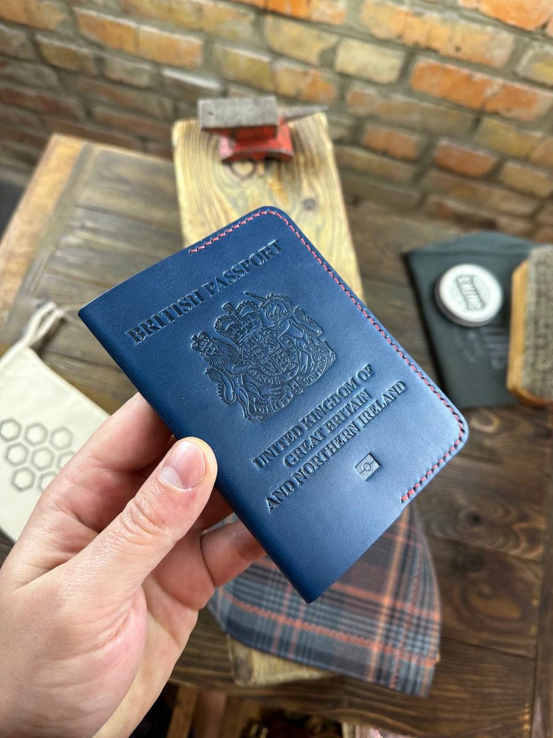 Blue Leather Holder for British Passport, Great Britain Passport, Uk