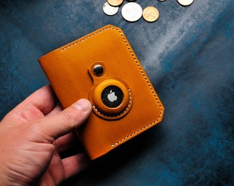 Yellow leather wallet for Apple AirTag, purse for security, apple airtag diy, airtag wallet