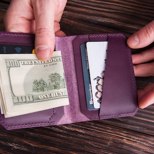 Cartera minimalista de cuero morado para mujer con monedero, tarjetero de cuero Buttero con bolsillo para monedas, el mejor regalo para mamá, regalo para ella